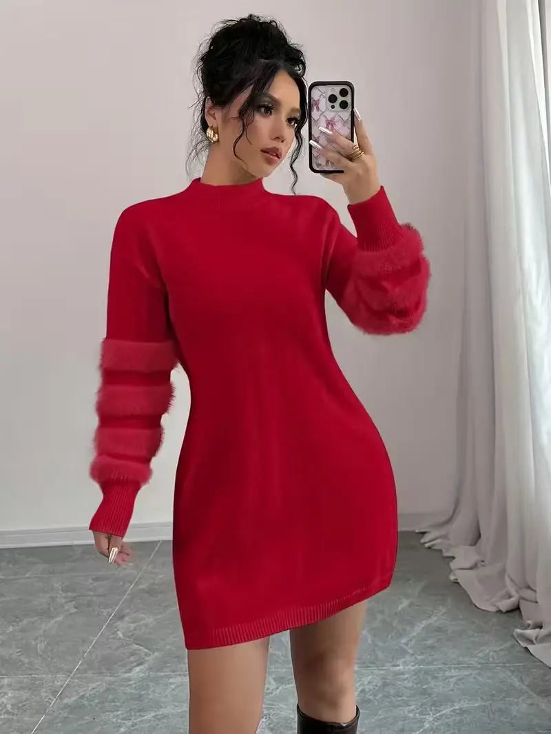 Women's Casual Solid-Color Stand-Collar Loose-Fit Knit Patchwork Dress, Belt Not Included, Fall/Winter Women's Apparel