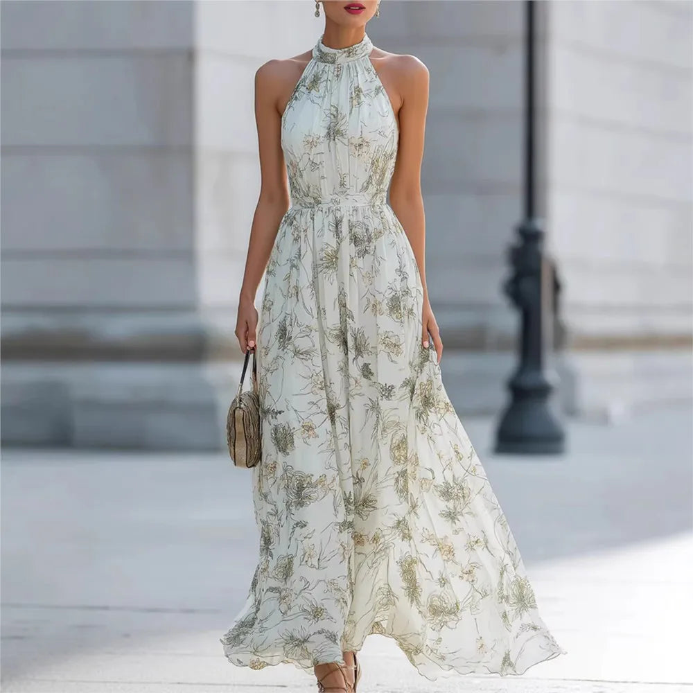 Summer New Fashion Floral Sexy Halterneck Women's Dress Elegant Slim Temperament Big Swing Female Holiday Sleeveless Dress 2026