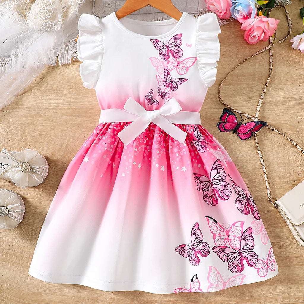 Girls' Spring and Summer Knitted Casual Fashion Round Neck Flutter Sleeve Ruffle Dress with Butterfly Digital Print, Suitable for Holidays, Vacations, Beach, Parties, Gifts