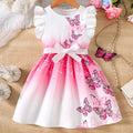 Girls' Spring and Summer Knitted Casual Fashion Round Neck Flutter Sleeve Ruffle Dress with Butterfly Digital Print, Suitable for Holidays, Vacations, Beach, Parties, Gifts