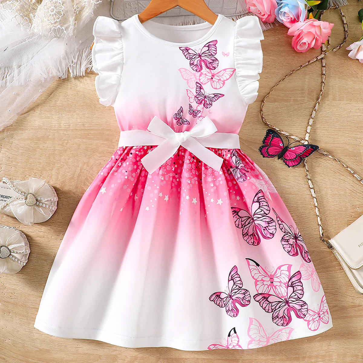 Girls' Spring and Summer Knitted Casual Fashion Round Neck Flutter Sleeve Ruffle Dress with Butterfly Digital Print, Suitable for Holidays, Vacations, Beach, Parties, Gifts
