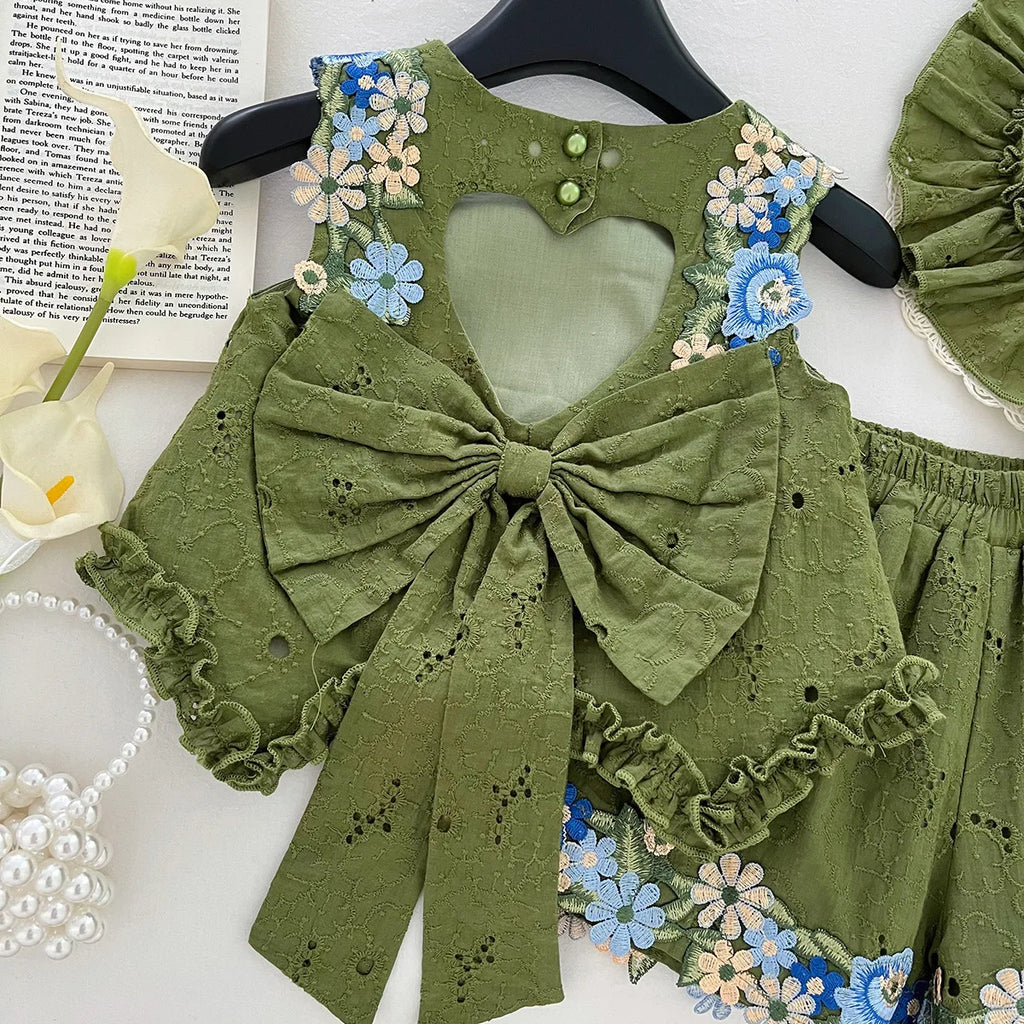 2025 Summer New Style Baby Girls' Suit Flower Big Bow Sleeveless Top Fashion and Beautiful Kids Green Two-piece Set