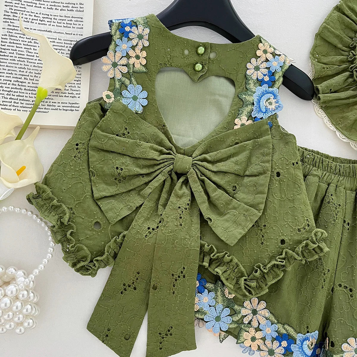 2025 Summer New Style Baby Girls' Suit Flower Big Bow Sleeveless Top Fashion and Beautiful Kids Green Two-piece Set