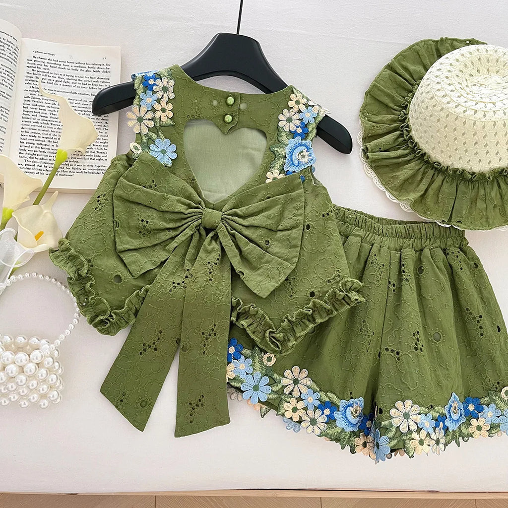 2025 Summer New Style Baby Girls' Suit Flower Big Bow Sleeveless Top Fashion and Beautiful Kids Green Two-piece Set