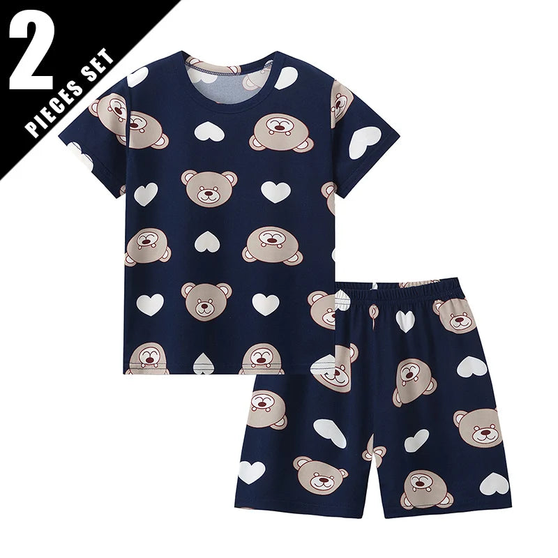 2-Piece Children's Cute Bear Print Fashion Suit Boy's Casual Fashion Round Neck Shirt Girl's Comfortable Wild Shorts Combination