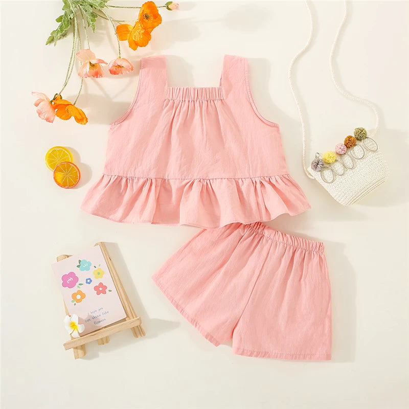 Summer Baby Girl Outfit Set Korean Style Fashion Pink Flower Tops And Cotton Comfortable Solid Color Toddler Shorts