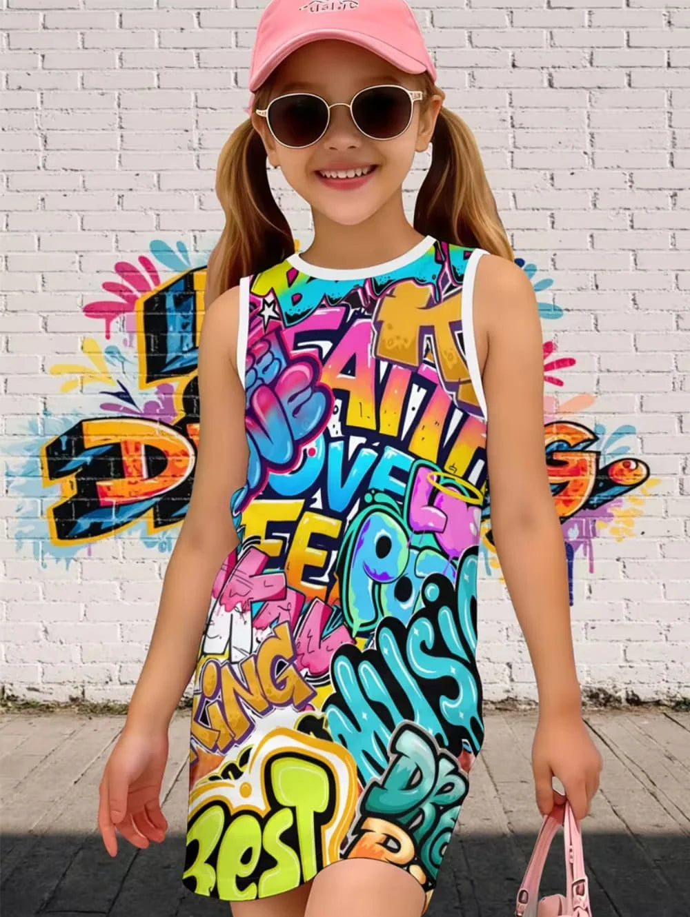 Summer Beach Vibes Pattern Girls' Vibrant Fashion Digital Print Sleeveless Camisole Dress Holiday Vacation Beach Girl Vest Dress