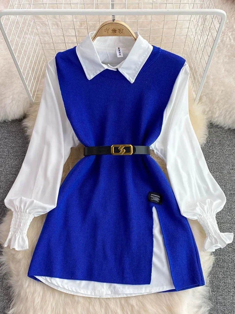 Women's Chic Age-Reducing 2-Piece Set Long Sleeve White Shirt Sweater Loose Fit Knit Vest Pullover Spring Autumn Fashion