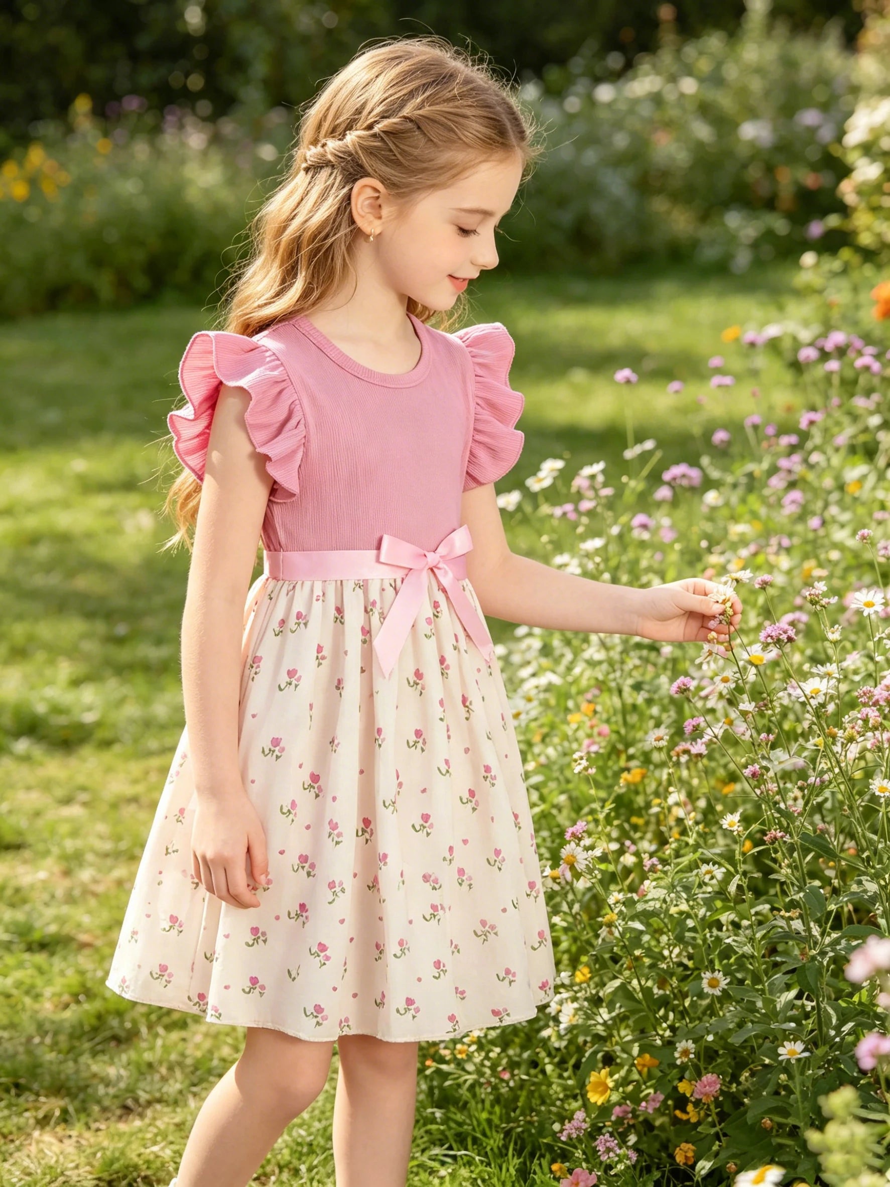 Summer Style Girls Sleeveless Round Neck Printed Dress with Belt Cute Flying Sleeve Outfit Pink