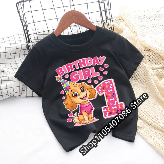 Paw Patrol Skye T-shirt Children Birthday Number Tee Top Girls Pink Clothes Cartoon Anime Short Sleeve Kids Loose Clothing Gift