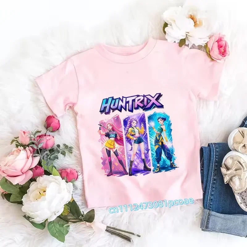 2026 Children's K-pop Demon Hunters T-shirt, a clothing item featuring anime cartoon patterns, a girls' casual top, gift options