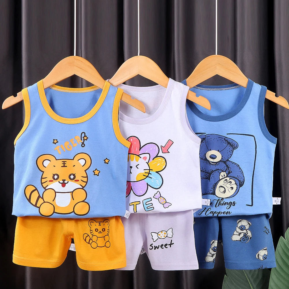 Toddler 2PCS Cotton Sleeveless Sleep Sets Cartoon Boys Girls Summer Vest Shorts Pajamas Lightweight Comfortable Infant Homewear