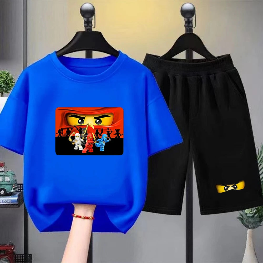 Summer T-Shirt Boy Girls Red Casual TShirt+Shorts Sets Ninja Printed Kids Outfits Teen Children's Short Sleeve Tops