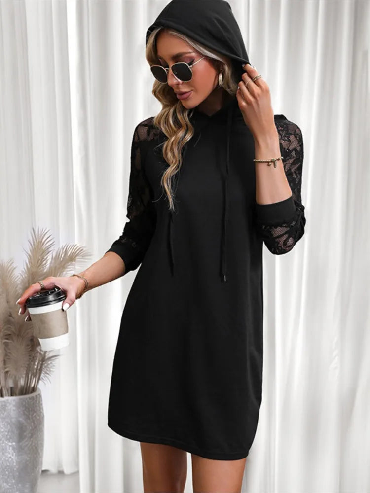 Women's Fashionable Casual Hooded Sweatshirt Dress 2026 Autumn And Winter New Pure Black Short Medium And Long A-line Skirt