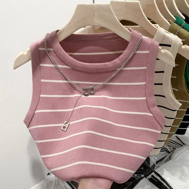 AOSSVIAO 2026 New Waistcoat Women Wear Striped Wide Edge Temperament Summer Top Short Knit Sleeveless Bottom Shirt