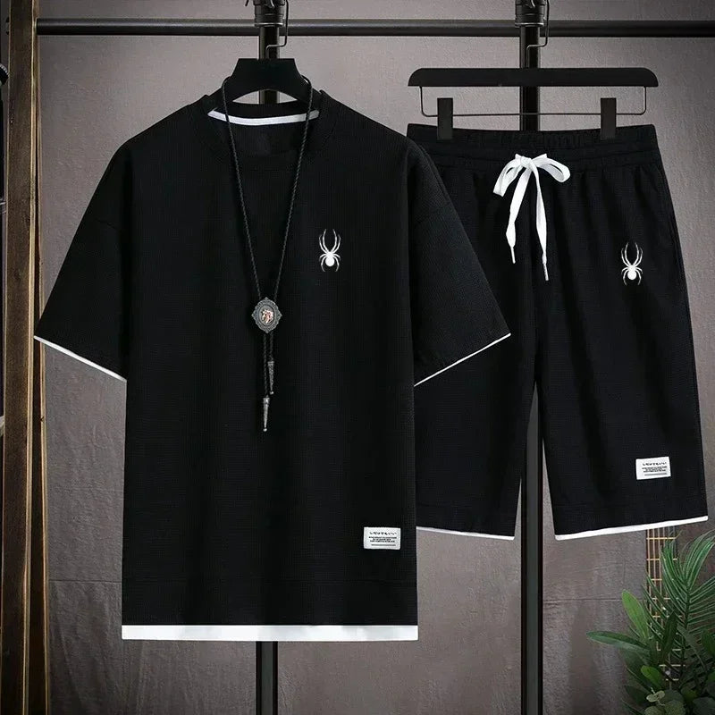 Men's Short Sleeve T Shirt Sports Shorts Set Casual Sportswear Korean Fashion Summer Breathable Gym Fitness Tracksuit 2 Piece Ou