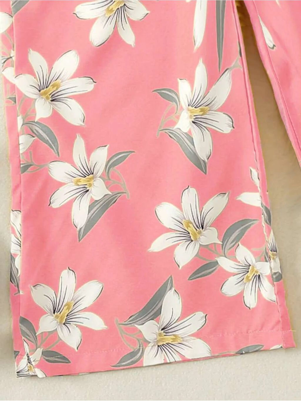 Summer fresh casual children's clothing, girls' pink lily print suspender, waist cinched wide leg pants, jumpsuit