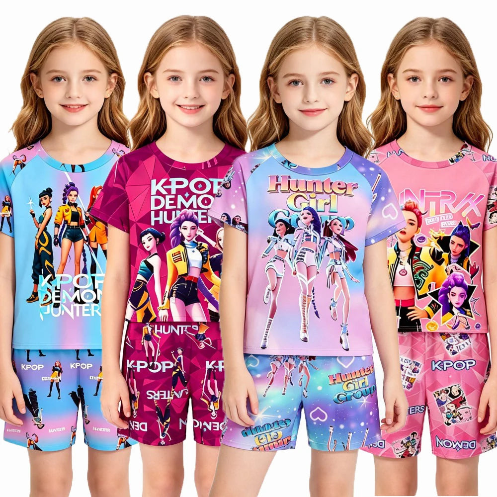 Cute Kpop Print Kids Homewear Set 2Pcs Short Sleeve Nightwear Sleepwear Pajamas for Children 3-14Y Pijamas Girls Birthday Gift