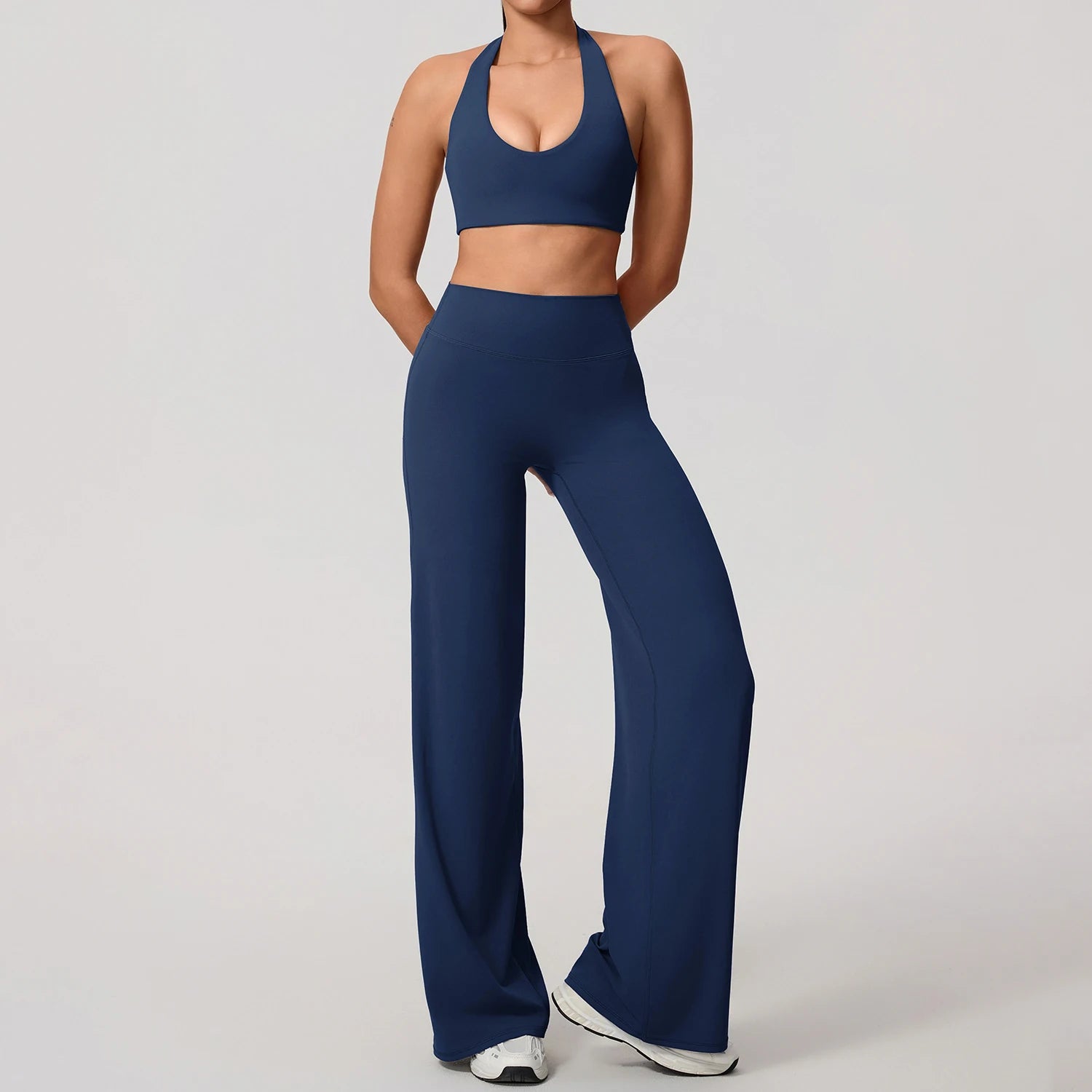 Summer 2Pcs Women's Quick-Dry Sports Set U-Neck Sports Bra Sleeveless Yoga Top Two-Piece Fitness Workout Set with Bell-Bottom