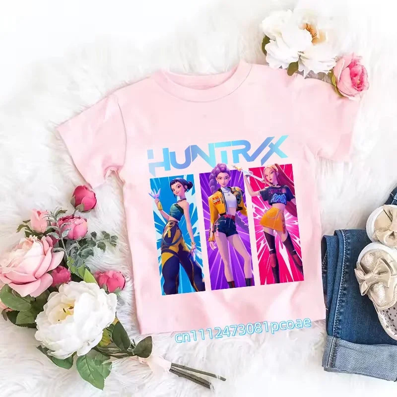 2026 Children's K-pop Demon Hunters T-shirt, a clothing item featuring anime cartoon patterns, a girls' casual top, gift options