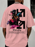 Mens Summer Casual Short-sleeved T-shirt with Knight and Axe Pattern Round Neck Design Loose Fit Comfortable Fabric Trendy Style