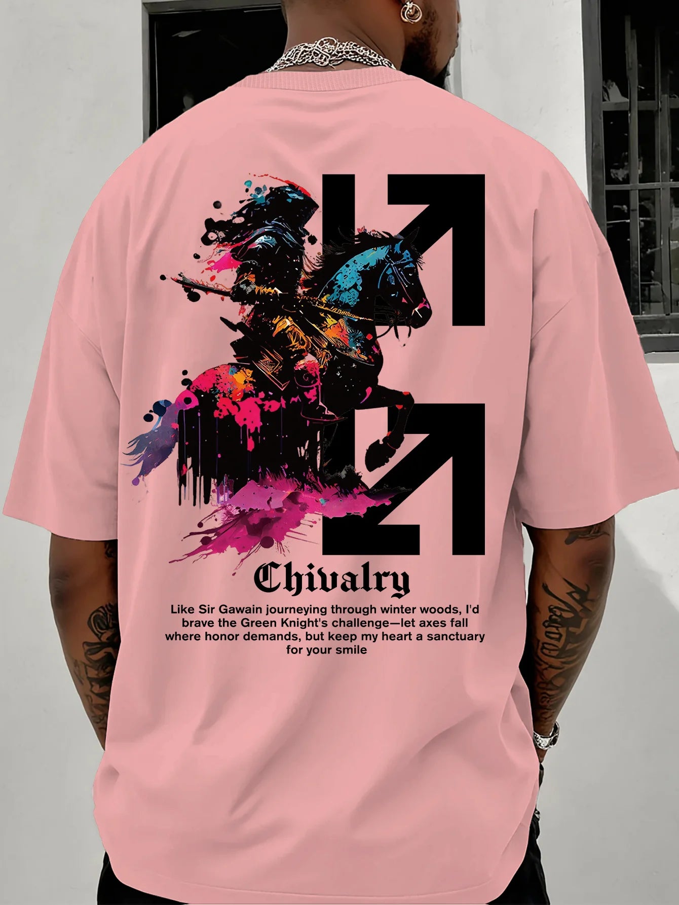 Mens Summer Casual Short-sleeved T-shirt with Knight and Axe Pattern Round Neck Design Loose Fit Comfortable Fabric Trendy Style
