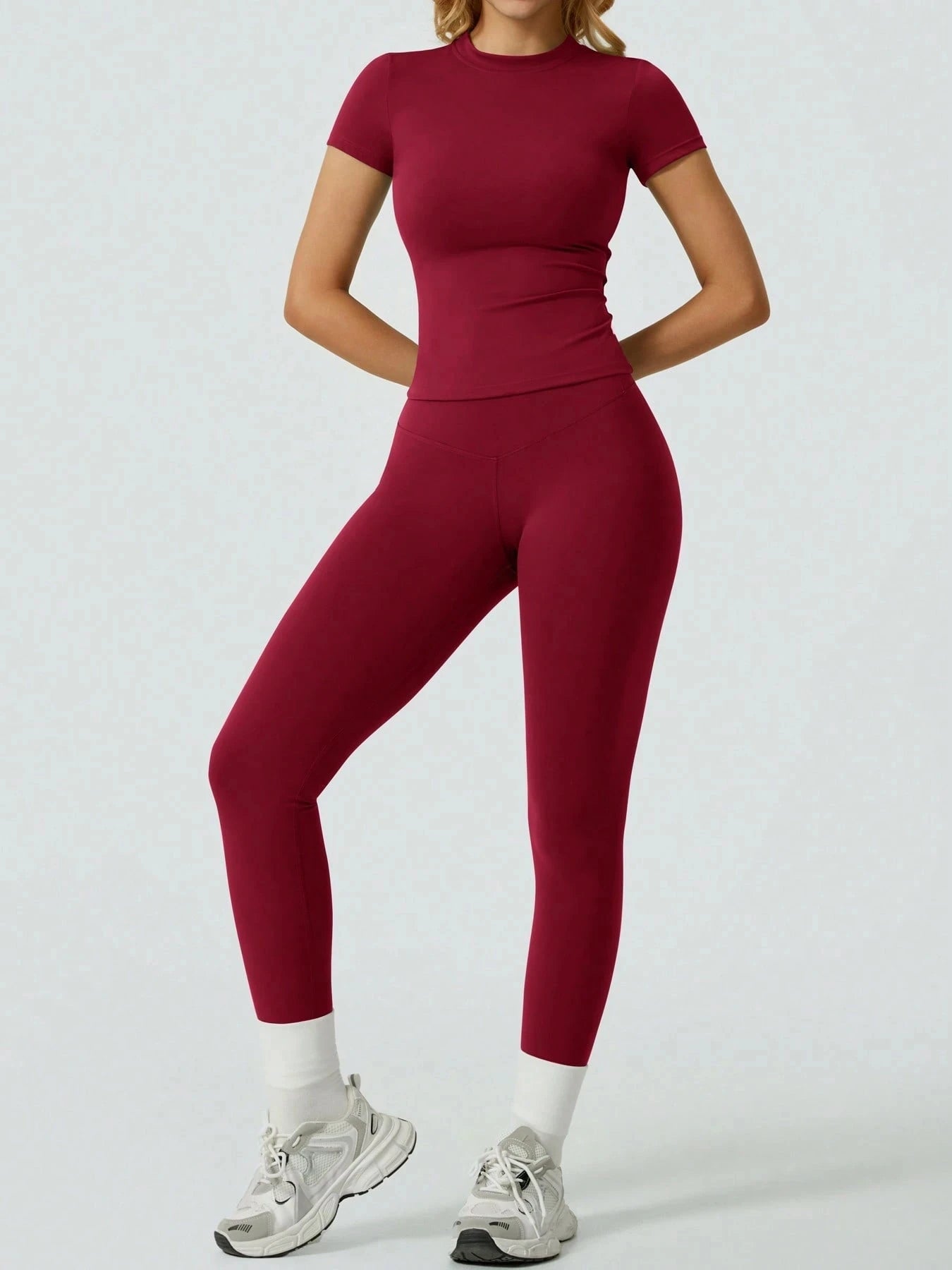 2 Piece Yoga Set Women Short Sleeve Top High Waist Leggings Gym Workout Clothing Tummy Control Fitness Sportswear Activewear Sui