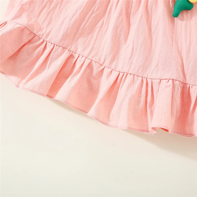 Summer Baby Girl Outfit Set Korean Style Fashion Pink Flower Tops And Cotton Comfortable Solid Color Toddler Shorts