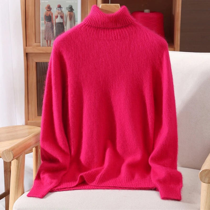 2025 Autumn/Winter New Women's 100% Mink Fur High Collar Sweater With Thick Pullover knit Sweater, Solid Color, High-End Fashion