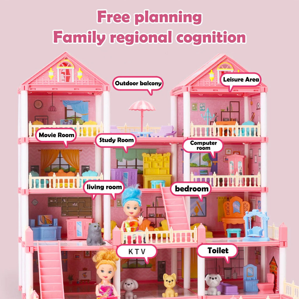 Girl Doll House Toy 3d Assembly Dollhouse Diy Mini Toy Accessories Villa Princess Pink Castle Children Pretend Birthday Gift