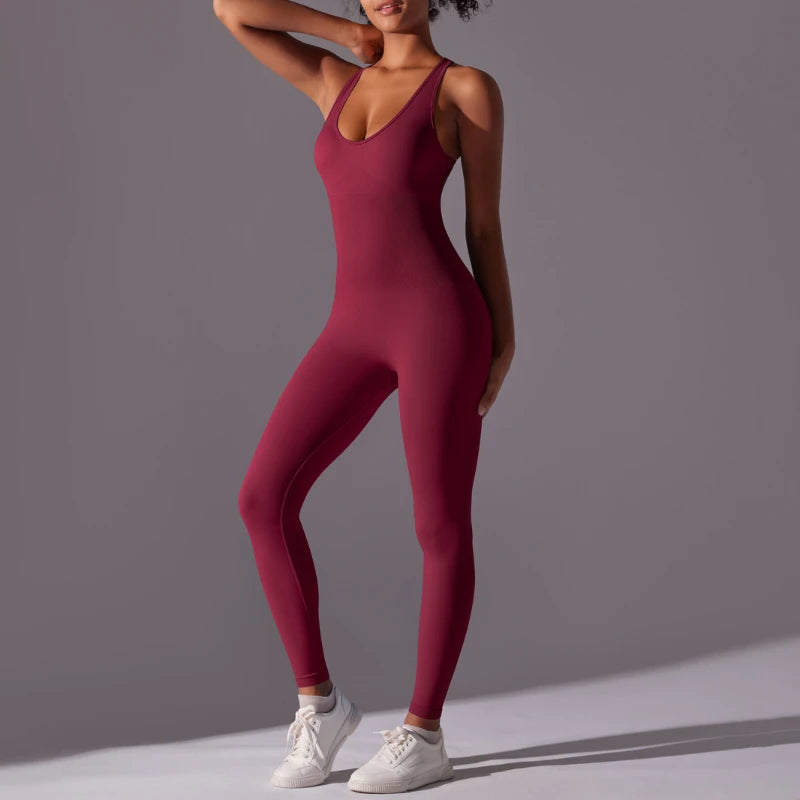 Gym Set Women Training Yoga Suit Sportswear Women Sports Jumpsuit Fitness Rompers Stretch Workout Bodysuits Sexy Back V Jumpsuit