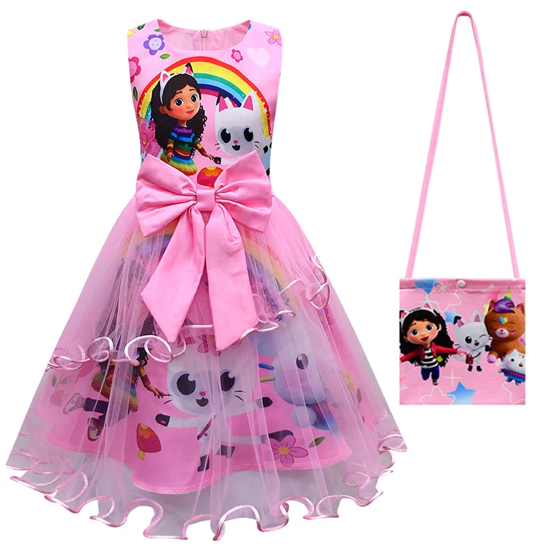Gabby's Dollhouse Kids Summer Gabby Cats Dress Baby Girls Cute Lace Princess Dress Toddler Girls Birthday Party Dresses Headwear