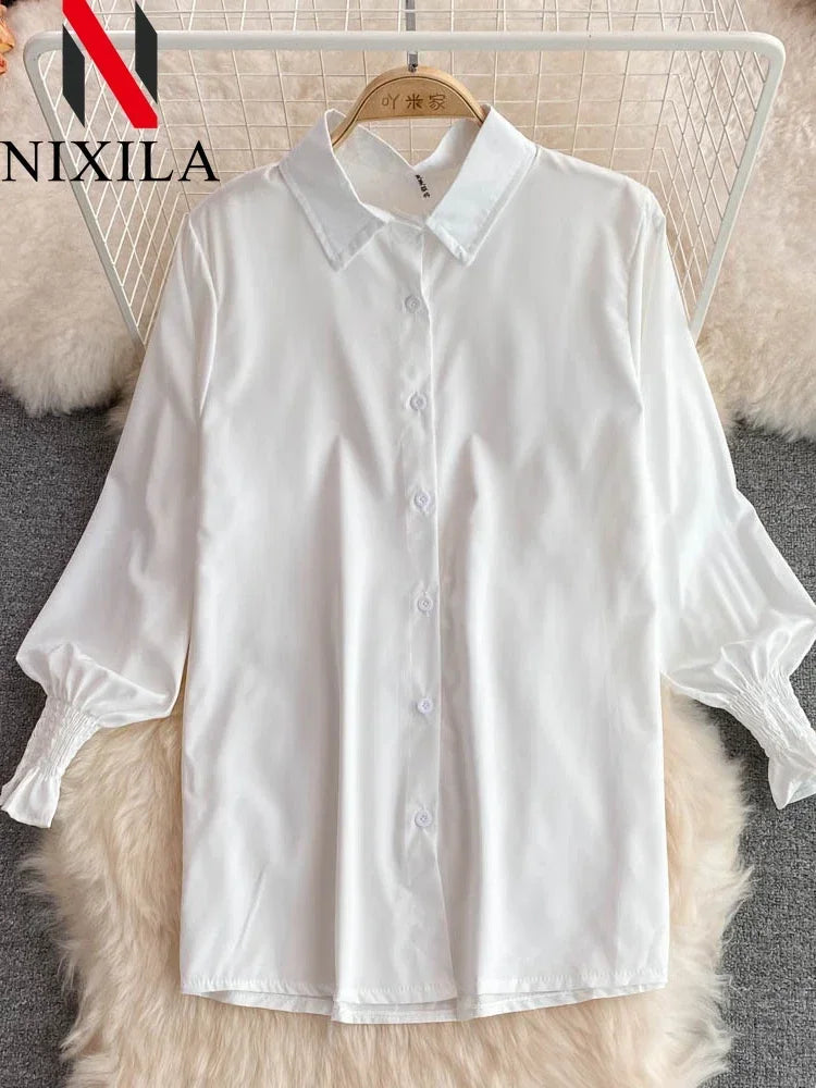 Women's Chic Age-Reducing 2-Piece Set Long Sleeve White Shirt Sweater Loose Fit Knit Vest Pullover Spring Autumn Fashion