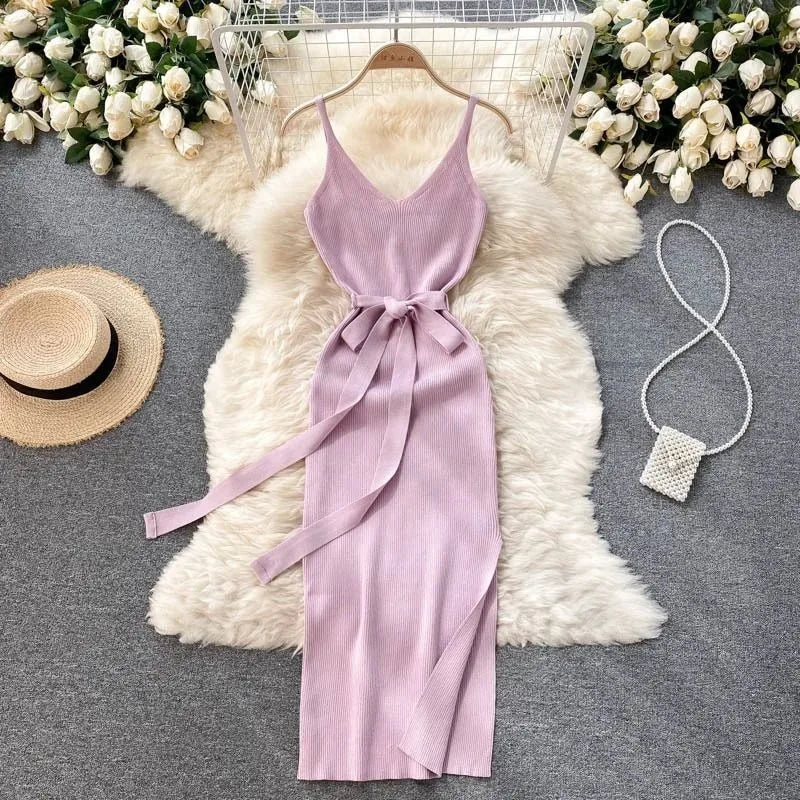 YuooMuoo Women Dress Sexy Cut Out Waist Package Hips Split Bodycon Dress Summer Fashion Lady Knitted Party Vestidos Sundress