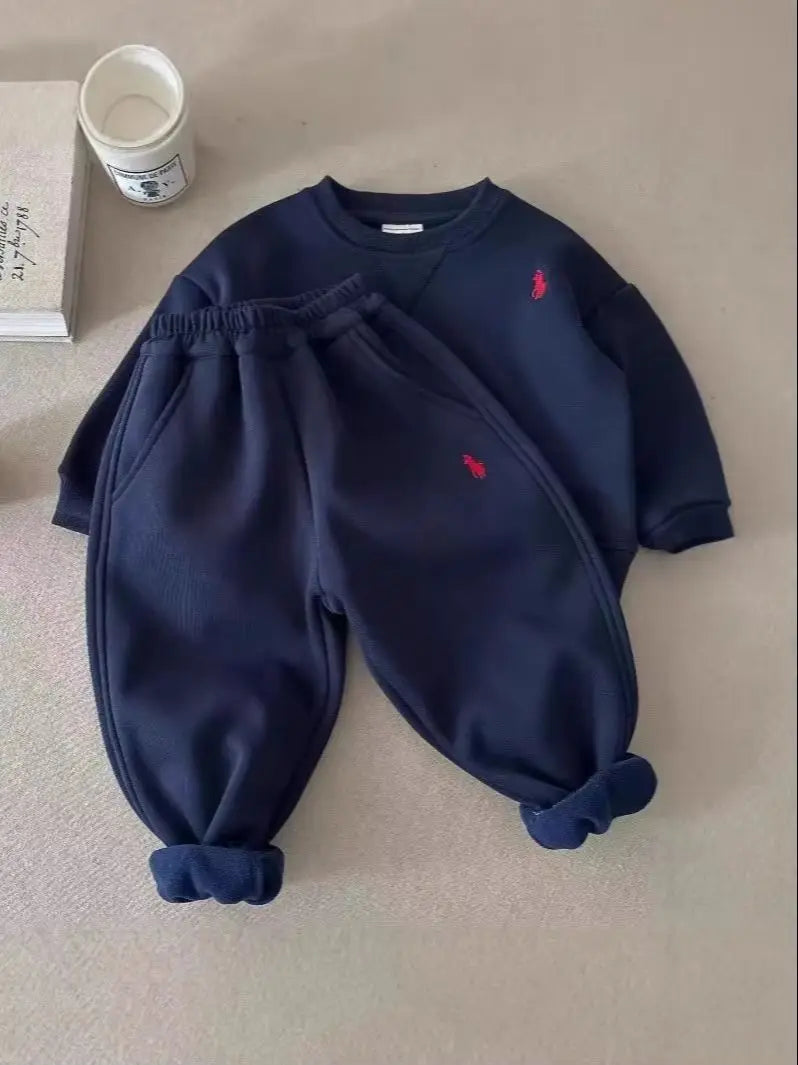 TZ2514 Korean Style Children's Winter Outfit Set Unisex Simple Fleece Sweatshirt Set Baby Trendy Warm Ensemble