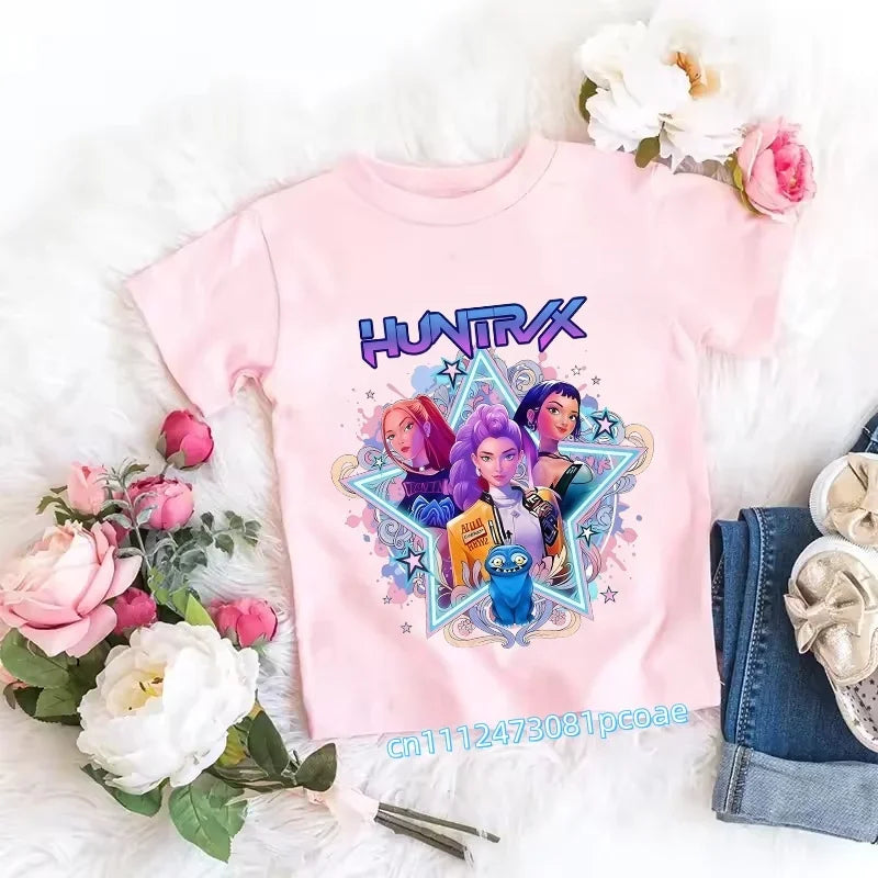 2026 Children's K-pop Demon Hunters T-shirt, a clothing item featuring anime cartoon patterns, a girls' casual top, gift options
