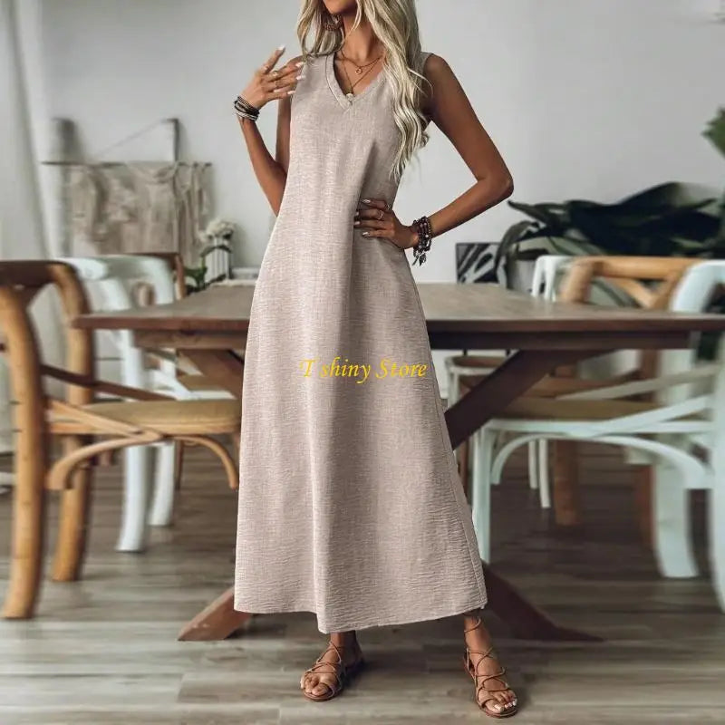 N58F Summer Dresses for Women Cotton Linen Maxi Dress Casual Sleeveless Long Sundress Vacation Outfits