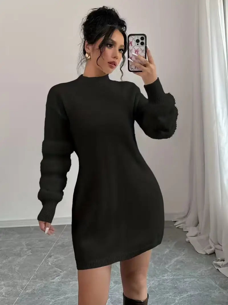 Women's Casual Solid-Color Stand-Collar Loose-Fit Knit Patchwork Dress, Belt Not Included, Fall/Winter Women's Apparel