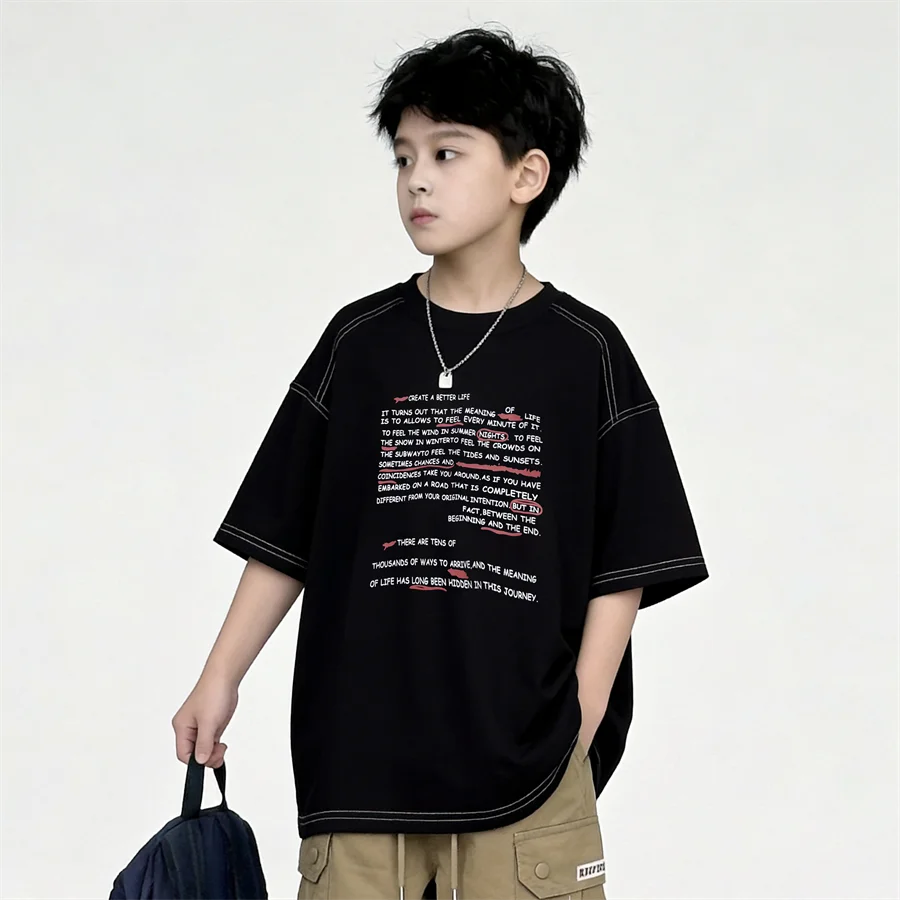 2026 Kids New Summer Short Sleeve Cotton T-shirt for Teens Boy Casual Tshirt with Letter Print Children Fashion Tee Tops 5-14 Y