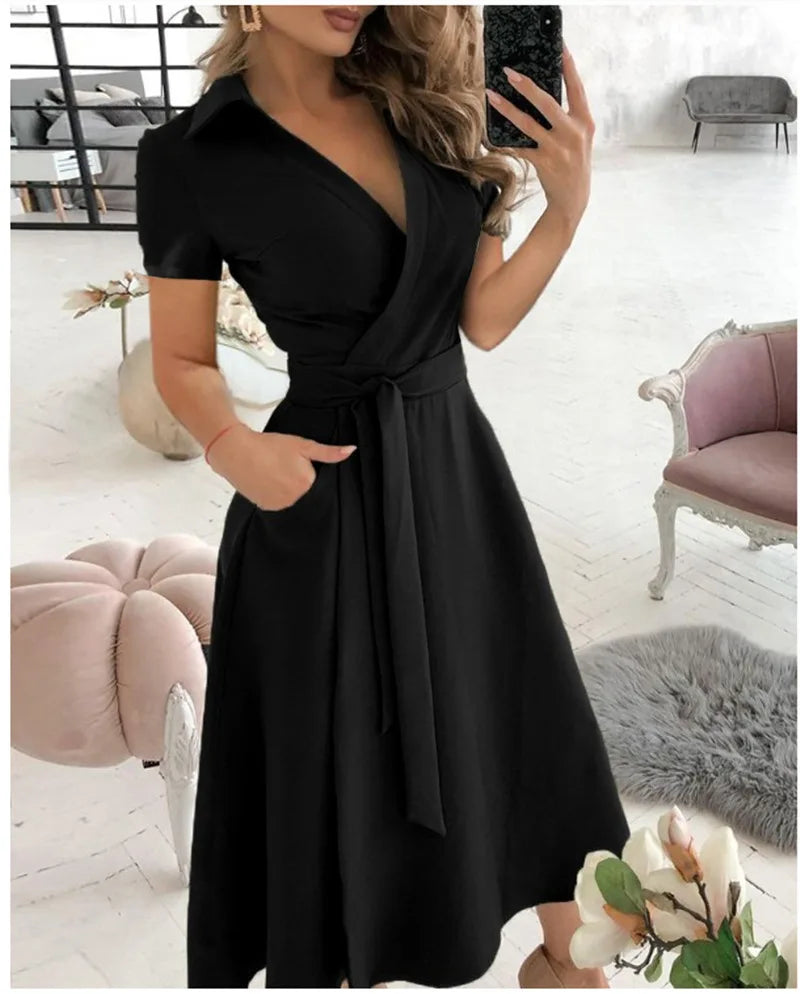 Women's Short Sleeve Wrap Dress V Neck Midi Dress With Self Tie Belt And Side Pockets For Casual Party Evening Wear