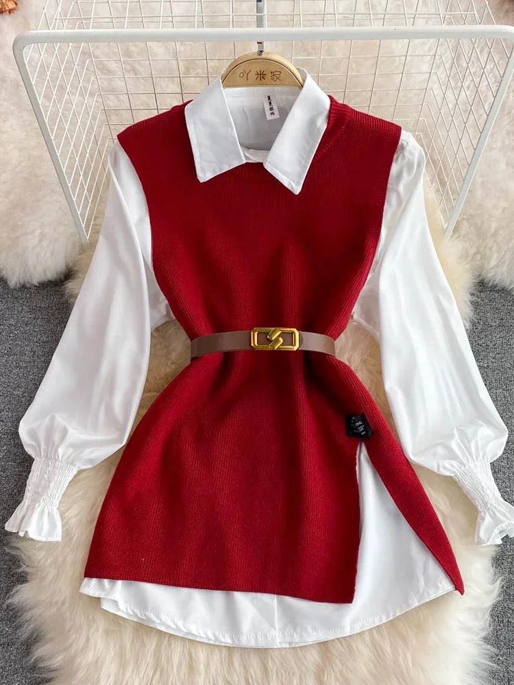 Women's Chic Age-Reducing 2-Piece Set Long Sleeve White Shirt Sweater Loose Fit Knit Vest Pullover Spring Autumn Fashion
