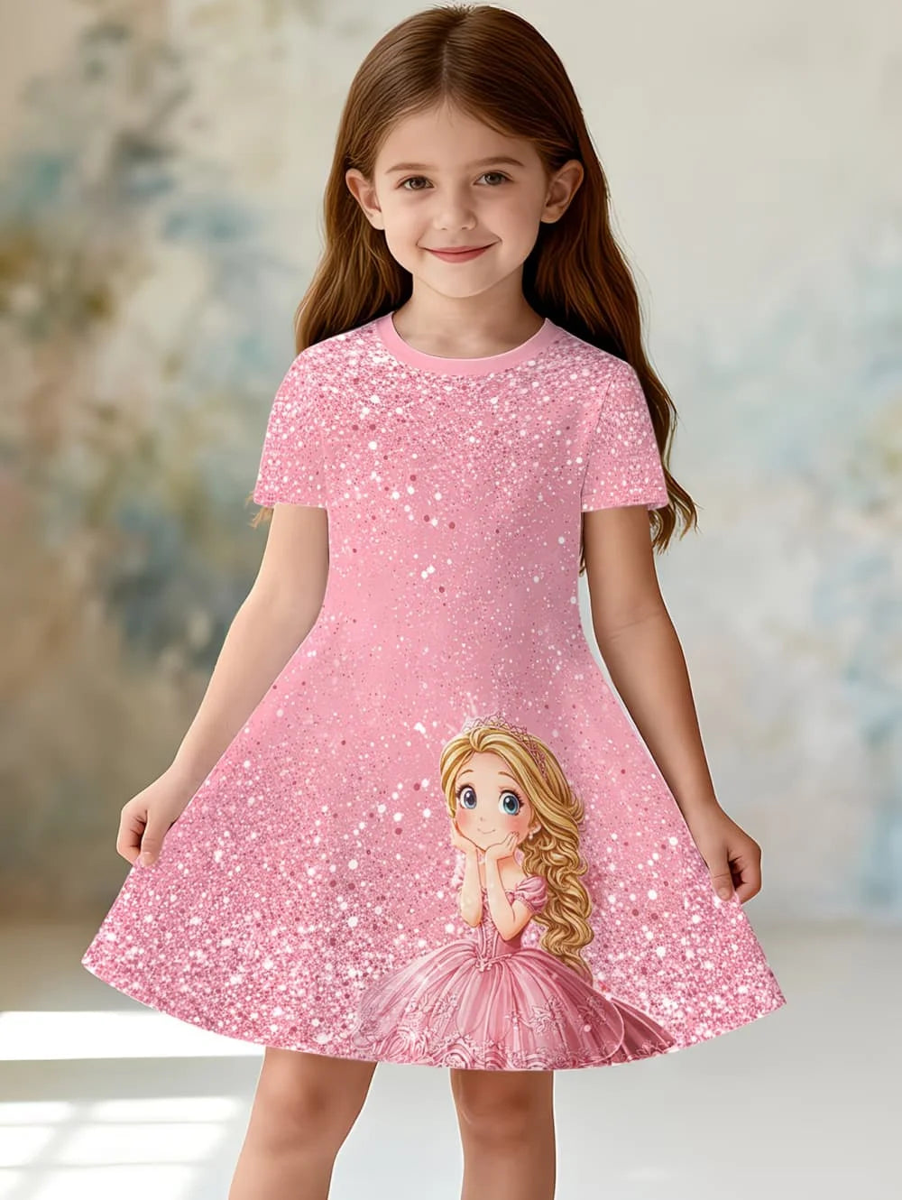 Girl's Princess Cartoon Print Dress Summer Casual Round Neck Short Sleeve Dress Outdoor Wear Elegant Party Dresses Girl Clothes