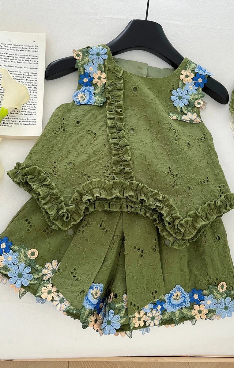 2025 Summer New Style Baby Girls' Suit Flower Big Bow Sleeveless Top Fashion and Beautiful Kids Green Two-piece Set
