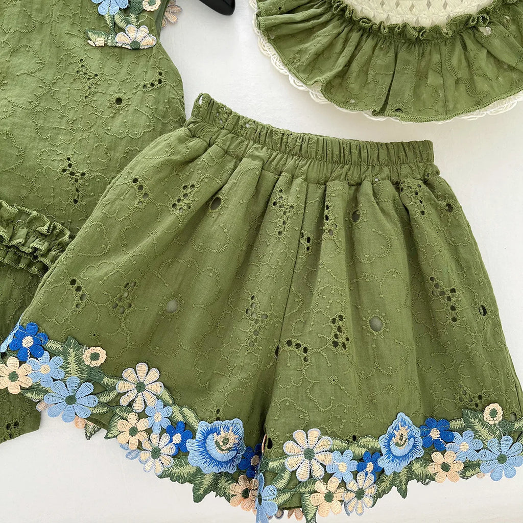 2025 Summer New Style Baby Girls' Suit Flower Big Bow Sleeveless Top Fashion and Beautiful Kids Green Two-piece Set