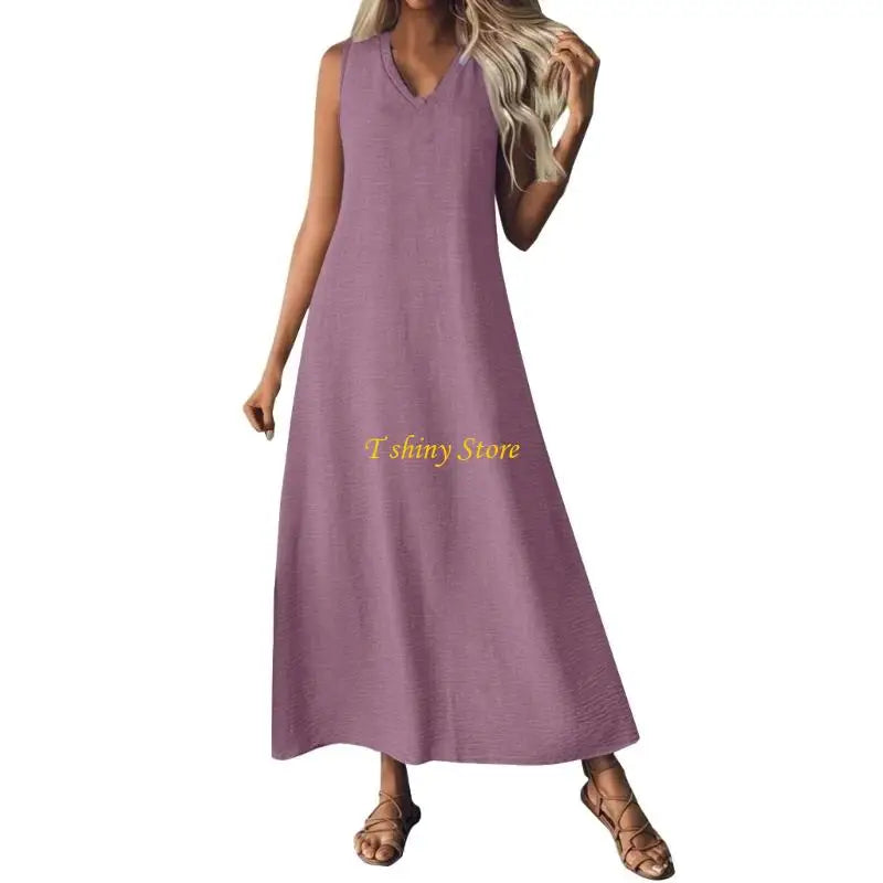 N58F Summer Dresses for Women Cotton Linen Maxi Dress Casual Sleeveless Long Sundress Vacation Outfits