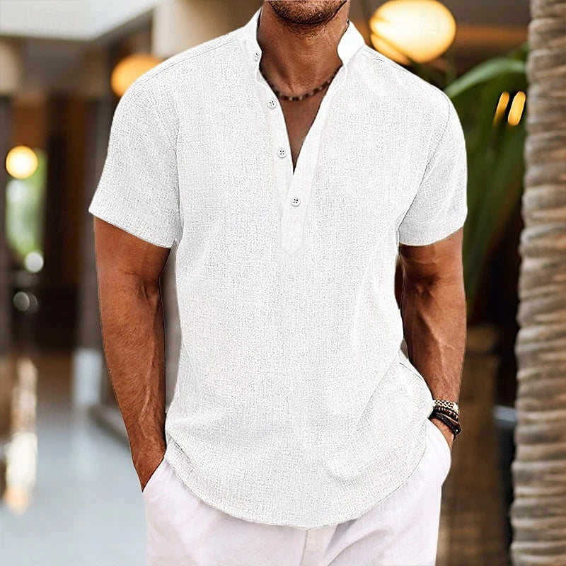 Summer Solid Color 3D Print Henley Shirts Men's Casual Oversized Button Stand Collar Short Sleeve T Shirt Tees Tops Man Clothing