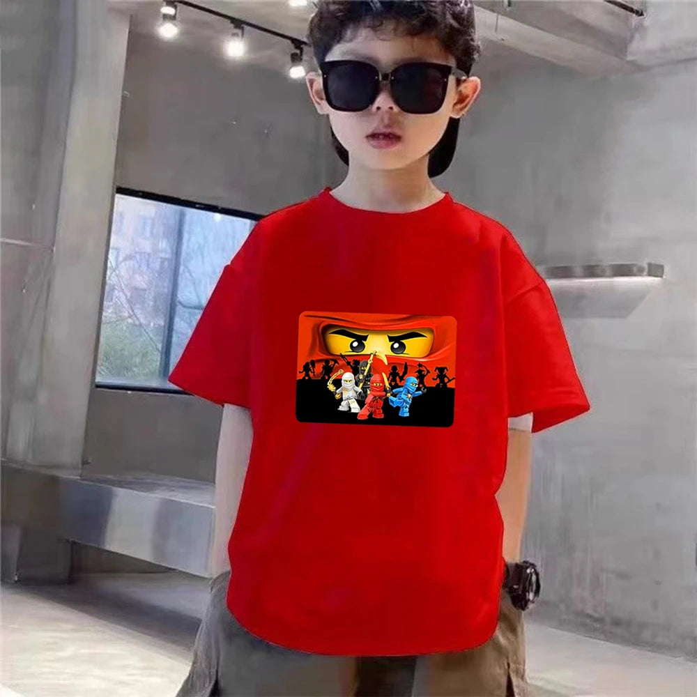 Summer T-Shirt Boy Girls Red Casual TShirt+Shorts Sets Ninja Printed Kids Outfits Teen Children's Short Sleeve Tops