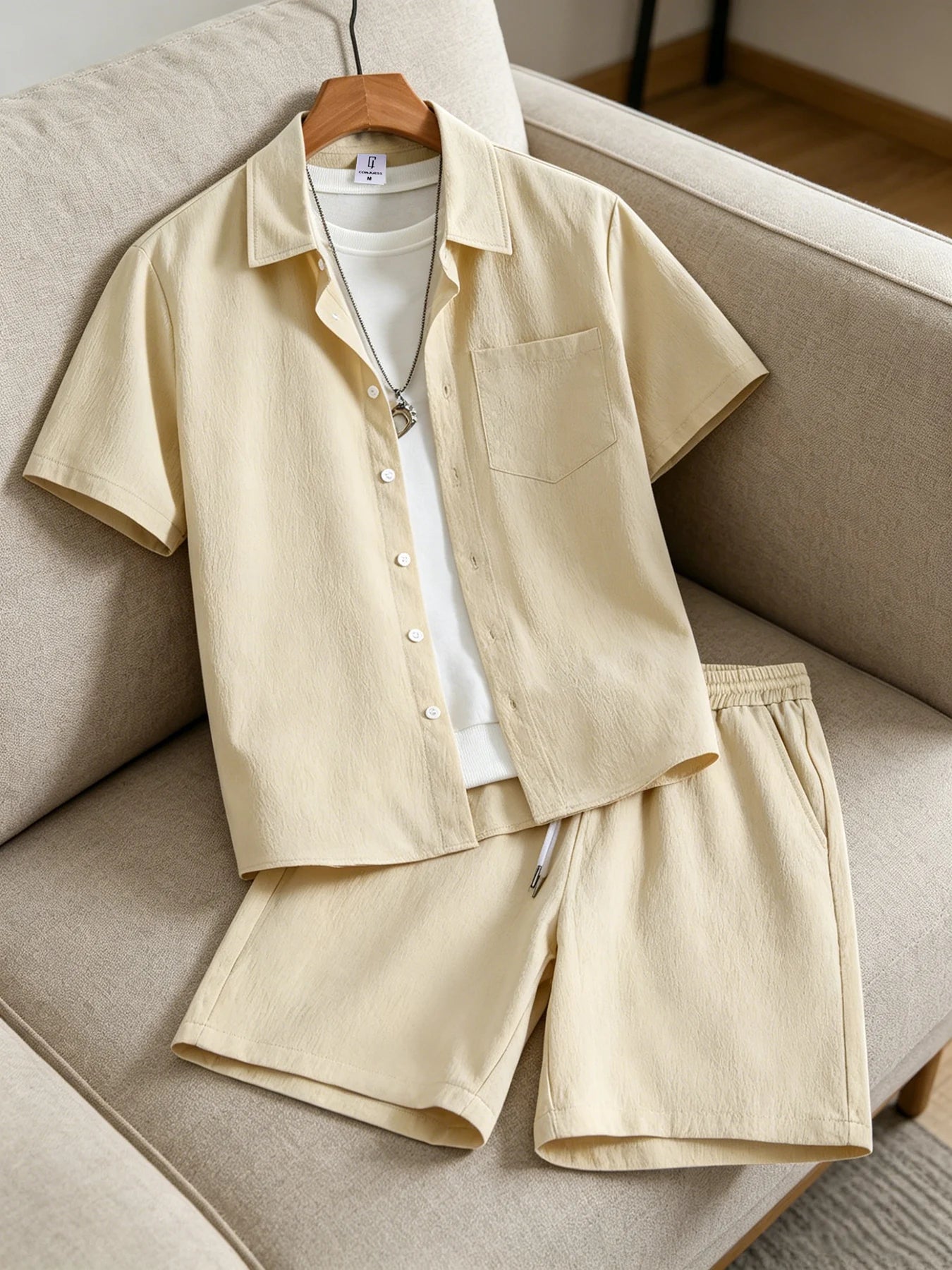 Men's Apricot Crinkle Texture Shirt Shorts 2 Piece Matching Set Lightweight Casual Vacation Outfit Free Shipping Summer Daily Commuter Wear