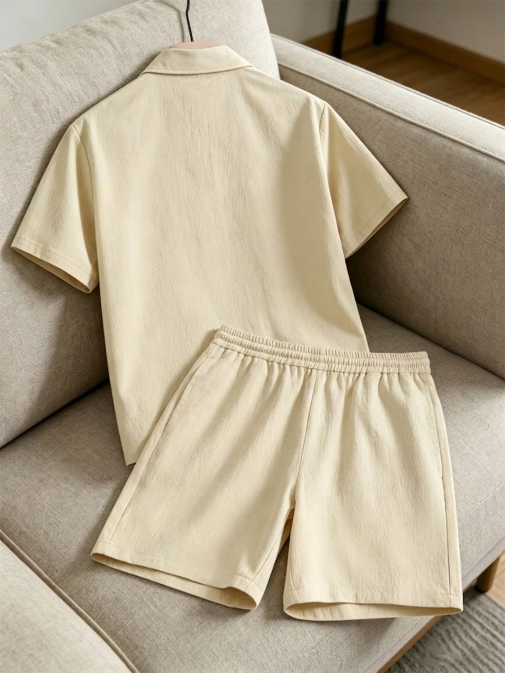 Men's Apricot Crinkle Texture Shirt Shorts 2 Piece Matching Set Lightweight Casual Vacation Outfit Free Shipping Summer Daily Commuter Wear