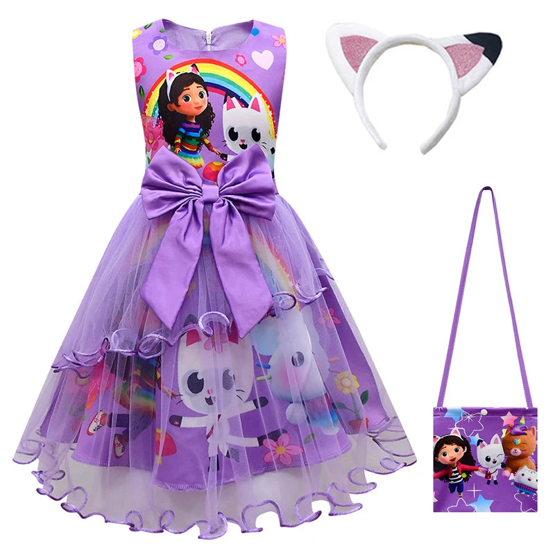 Gabby's Dollhouse Kids Summer Gabby Cats Dress Baby Girls Cute Lace Princess Dress Toddler Girls Birthday Party Dresses Headwear